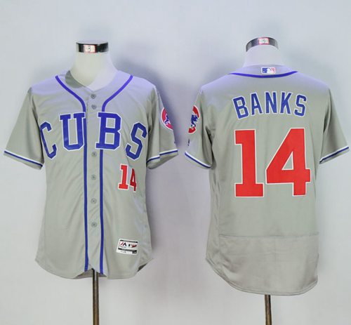 Cubs #14 Ernie Banks Grey Flexbase Authentic Collection Alternate Road Stitched MLB Jersey - Click Image to Close